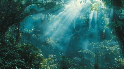 Vibrant rainforest with dense foliage, hanging vines, and sunlight filtering through the canopy