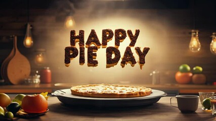 A pizza is on a plate with the words Happy Pie Day written in the air above it. The pizza is on a table with other food items such as apples, oranges, and limes