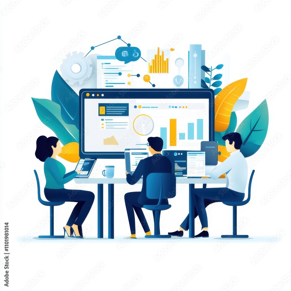 Poster three people are sitting at a table with a computer monitor in front of them
