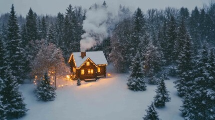 Cozy Winter Cabin Surrounded by Snowy Forest