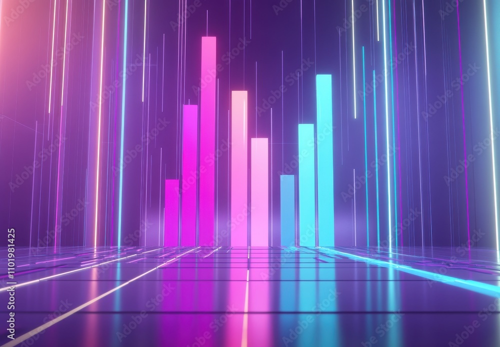 Poster modern data visualization in abstract digital space with colorful vertical bars and light effects re