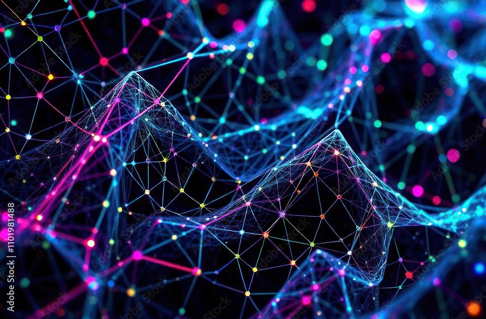 Poster cyber mesh texture with vibrant neon colors. abstract wavy shape of surface with connected lines sym