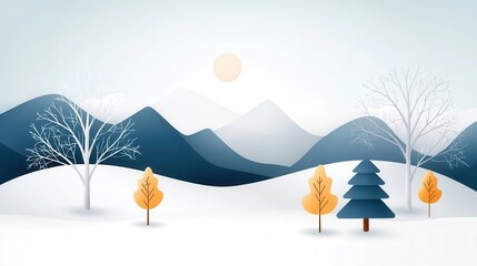 Serene and tranquil winter landscape scene featuring silhouetted trees a glowing sun or moon and snow capped mountains in the distance  The minimalist atmospheric composition evokes a sense of peace