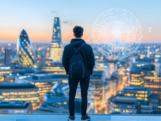 Obraz premium Exploring the future young man overlooking city skyline with digital insights urban environment inspirational perspective