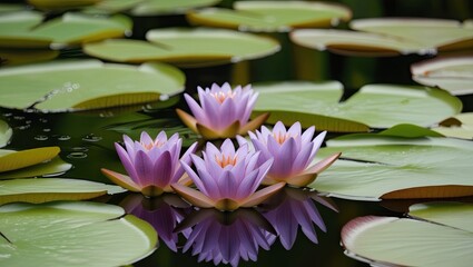  With green lily pads in the backdrop, lovely purple water lilies in bloom are seen floating elegantly on a pond