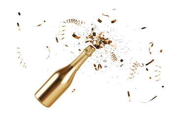 Celebratory event popping gold champagne bottle on transparent background indoor setting festive atmosphere close-up view joyful celebration concept