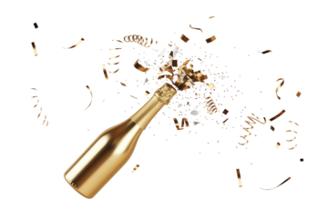 Celebratory event popping gold champagne bottle on transparent background indoor setting festive atmosphere close-up view joyful celebration concept