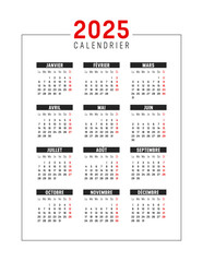 Year 2025 red black calendar in French on white background, vertical vector template France