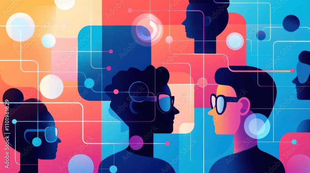 Poster a colorful drawing of people with their faces obscured by a web of lines
