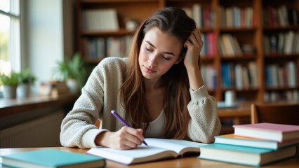 A clean and bright woman studying mockup featuring books and notes