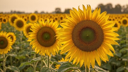 Obraz premium Vibrant sunflowers in a vast field under the golden afternoon sun