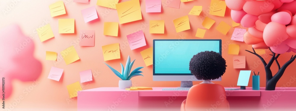 Poster a computer monitor is on a desk with a pink background