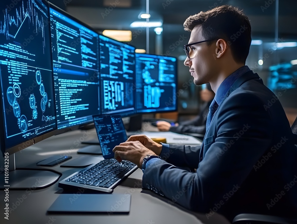 Poster a focused professional analyzes data on multiple screens in a modern office setting.
