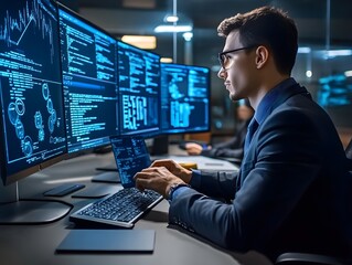 A focused professional analyzes data on multiple screens in a modern office setting.