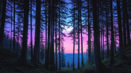 Fototapeta premium A serene forest scene at dusk with vibrant hues of purple and blue in the sky.