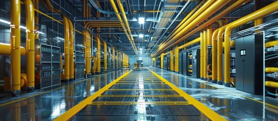 Fototapeta premium Intricate network of industrial pipes tubes and machinery filling a vast bright and organized warehouse space representing the inner workings and infrastructure of a modern manufacturing facility