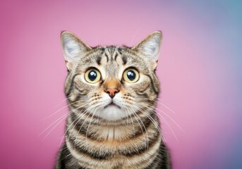 Fototapeta premium Surprised Tabby Cat on Pink Background