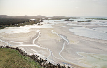 North Uist, Outer Hebrides. Coastal landscape looking west from Malacleit on islands west coast. White tidal sands of Traigh Bhalaigh, Vallay Beach