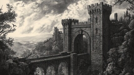 A dramatic black and white illustration of a medieval castle with an arched bridge.