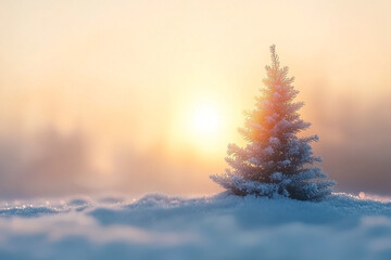 Pine tree with sunset, winter landscape wallpaper. Snow covered surface with soft sunlight. Christmas evening scene. greeting card background. AI generated