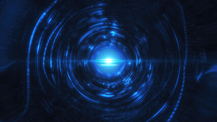 A futuristic tunnel with blue light radiating from the center, giving a cyberpunk and high-tech ambiance with glowing, circular energy waves background