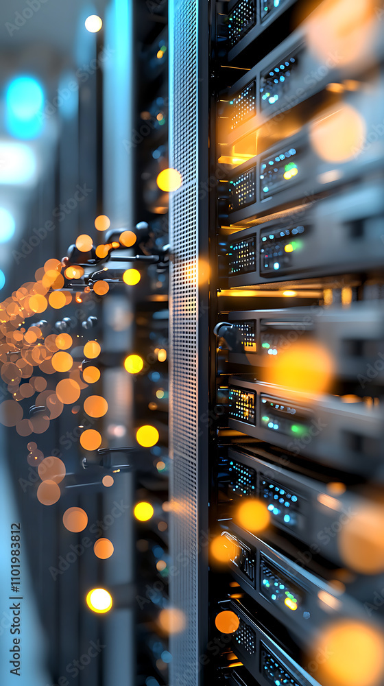 Poster ai hologram security breach response neonlit server space digital technology data center close-up vi