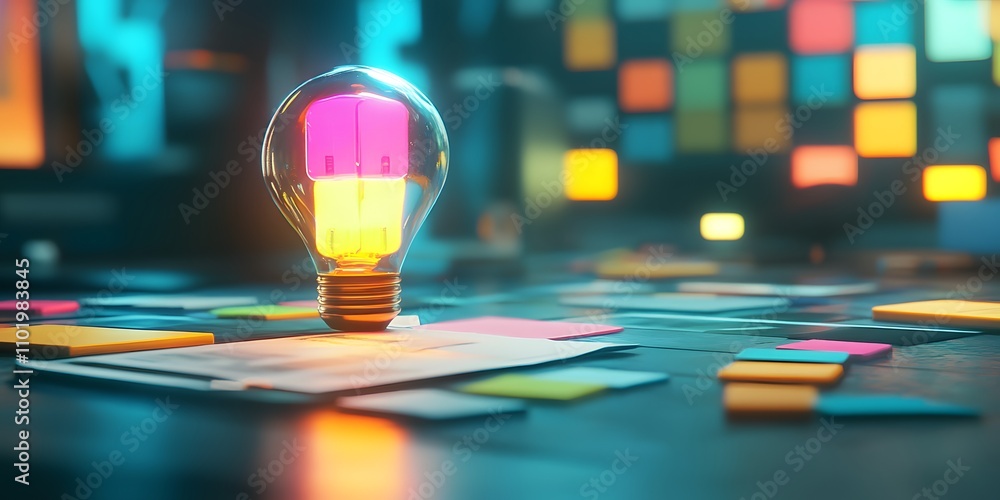 Aufkleber a glowing light bulb on a table surrounded by colorful sticky notes for brainstorming.