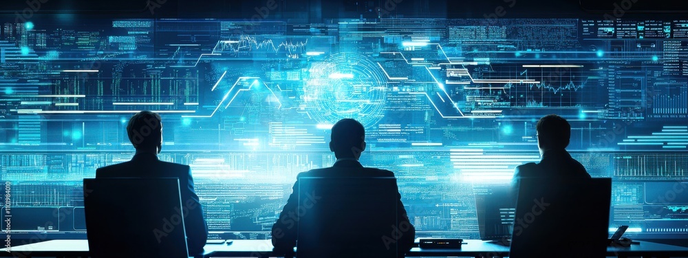 Poster three men are sitting at a desk in front of a computer monitor