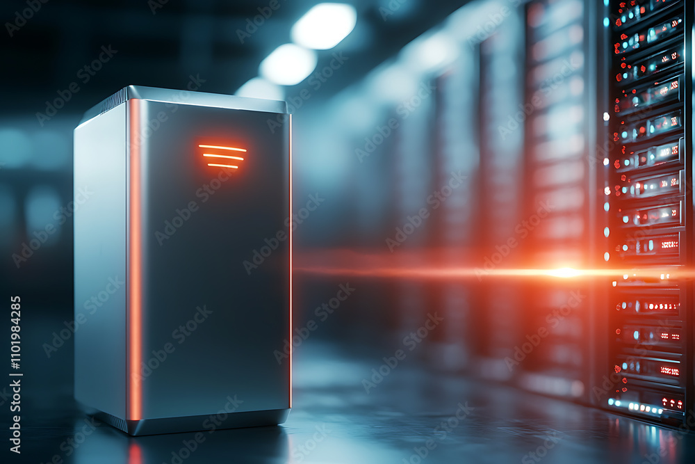 Poster ai security assistant hologram cyber intrusion alert in data center technology focused high-tech env