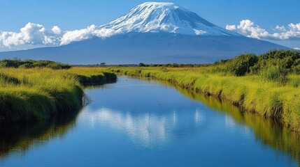 Scenic view of a snow-capped mountain reflected in a calm river surrounded by lush greenery.