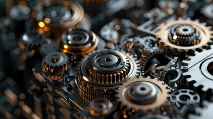 Fototapeta premium Detailed macro view of interconnected brass gears and cogs, highlighting mechanical precision, engineering, and intricate craftsmanship.