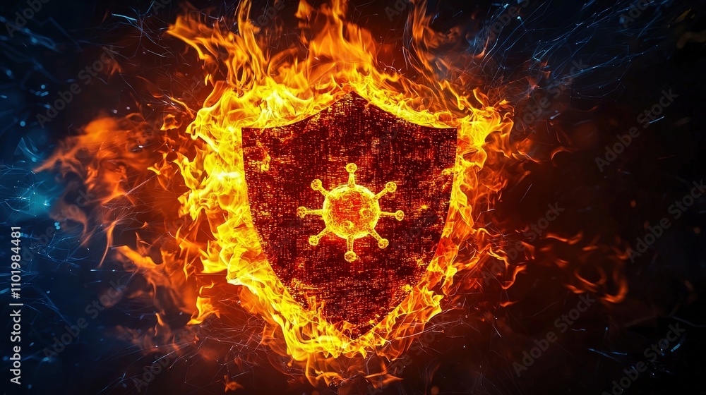Aufkleber cyberattack and it infrastructure, a firewall icon with flames and a virus symbol, representing cybe