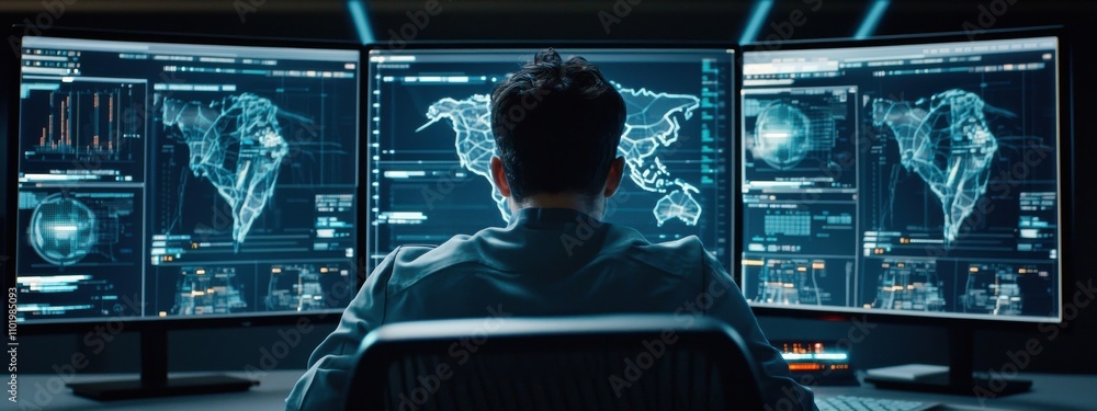 Poster a man is sitting in front of three computer monitors