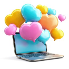 Colorful love speech bubbles emerge from a laptop, symbolizing online communication.