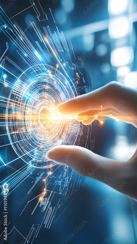 Poster innovative technology interaction digital world visual content futuristic setting close-up view user