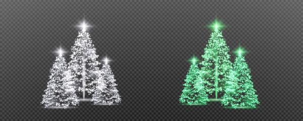 Realistic glowing Christmas trees. Sparkling lights in the form of a Christmas tree with bright shiny particles. Magical design for Christmas party, png.