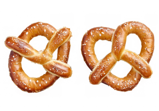 Golden brown pretzels in a triangular arrangement with black seeds, highlighted against a transparent background.
