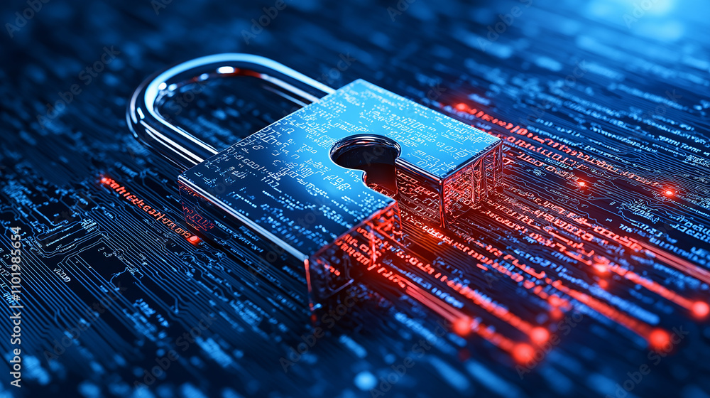 Poster digital lock surrounded by red lines of code, symbolizing security threats
