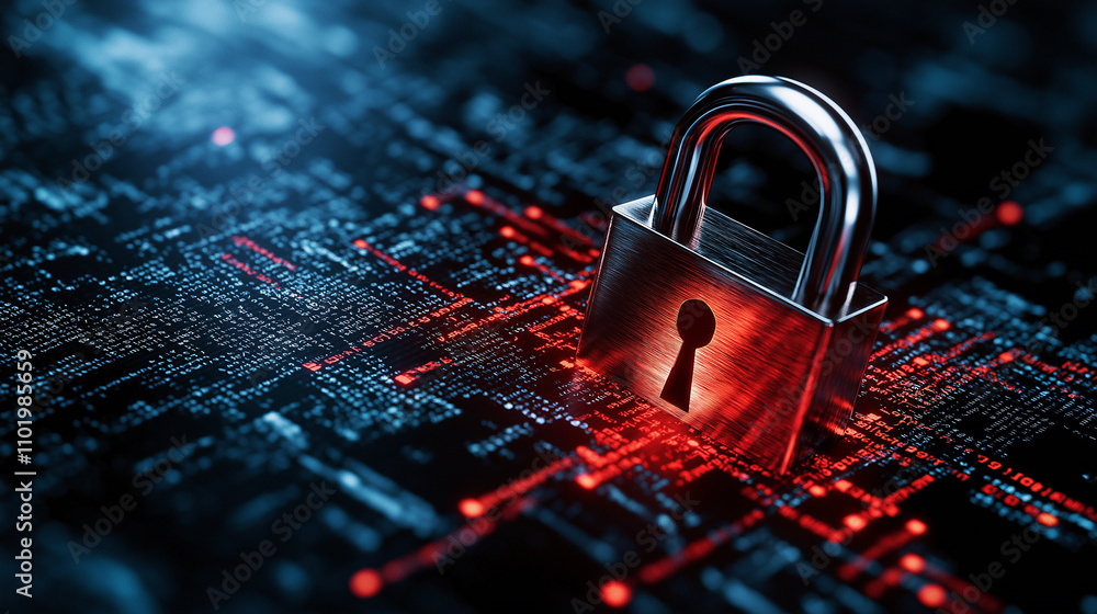Poster digital lock surrounded by red lines on dark background, symbolizing security