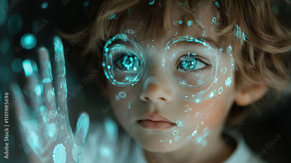Poster child engages with holographic display in a dark room, showcasing wonder and curiosity about technol
