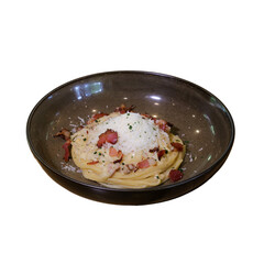 A creamy pasta dish topped with crispy bacon and shredded cheese, served in a stylish bowl.