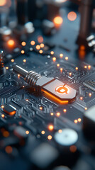 Fototapeta na wymiar Hologram quantum key storage technology digital circuitry electronic security neon environment close-up view innovative concept
