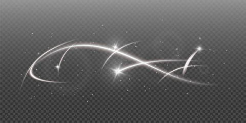 Vector png background with white glowing lines. White glowing lines of speed. Light glow effect. Light trail wave, fire trail line and glow curve swirl.