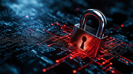 digital lock surrounded by red lines on dark background, symbolizing security