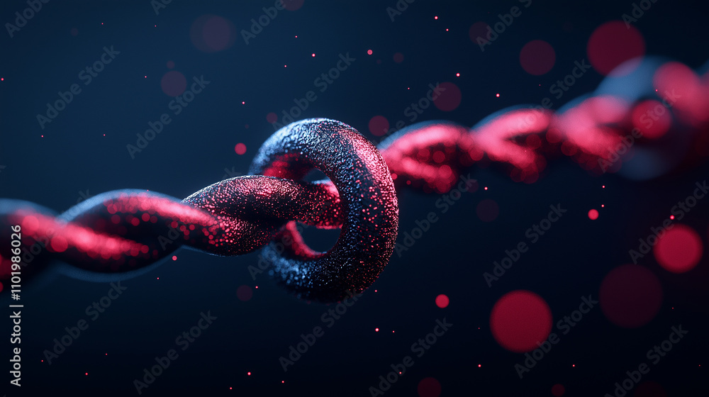Poster close up of twisted red and black chain link, symbolizing connection
