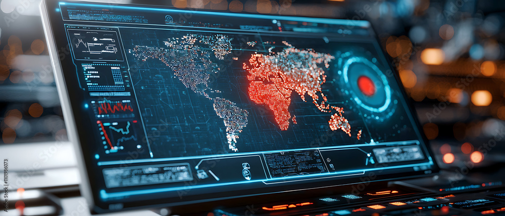 Poster holographic breach alert system activation global monitoring digital interface high-tech environment
