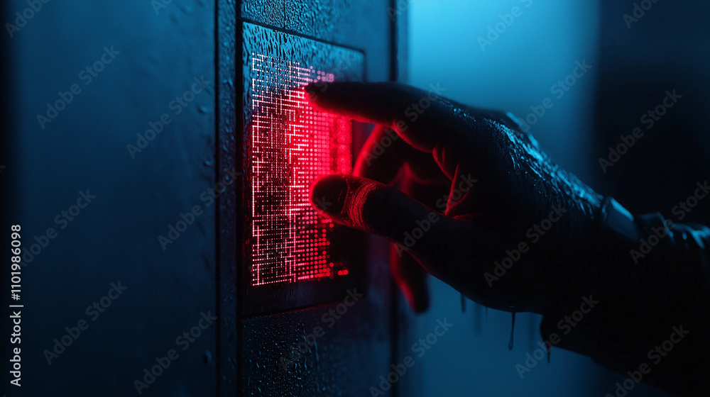 Aufkleber hand pressing glowing red button in dark, futuristic setting