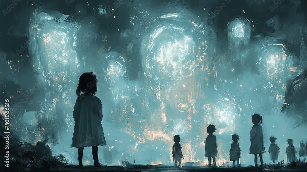 Poster children observe glowing orbs in a mystical night landscape filled with wonder and awe, inviting ima