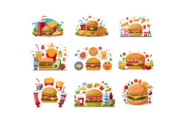 Vector illustration of burgers, fries, drinks, and fast food combos for promotional use