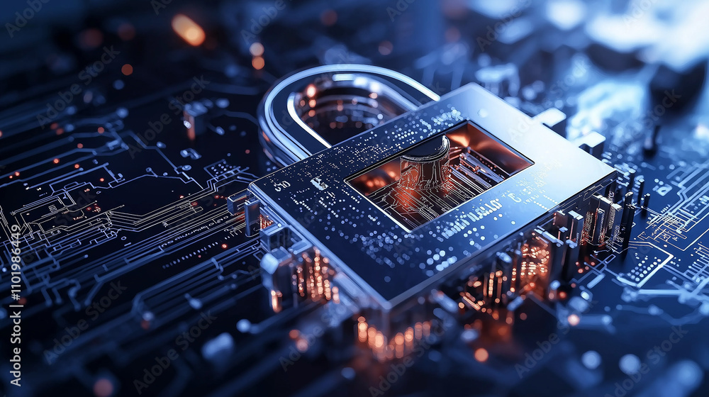 Fototapete close up of secure digital lock on computer circuit board, symbolizing cybersecurity